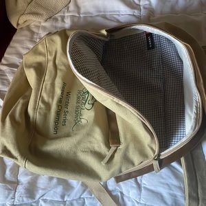 Cute beige equestrian backpack with grey plaid interior OS